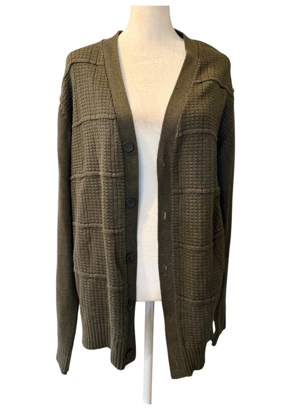 Oscar de la Renta Fall 2012 XL Olive Green Textured Knit Cardigan Made in USA